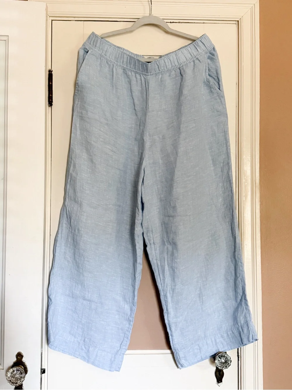 Light Blue Women’s 100% Linen Elastic Waist Pants with Pockets